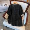 T-shirt d'été ample à manches courtes et col rond pour femme, grande taille, couleur unie, motif littéraire, boutons, décontracté