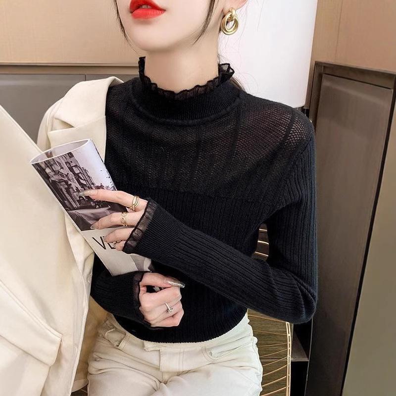 Half High Collar Lace Edge Knitted Sweater for Women Base Shirt Autumn and Winter Women's Clothing