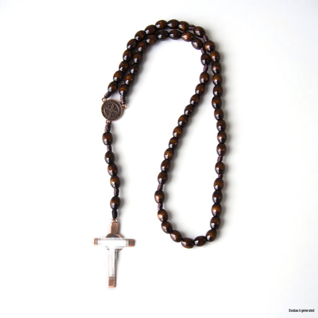 In Stock: Natural Wood Bead Cross Rosary Necklace - Hand-Woven Prayer Jewelry