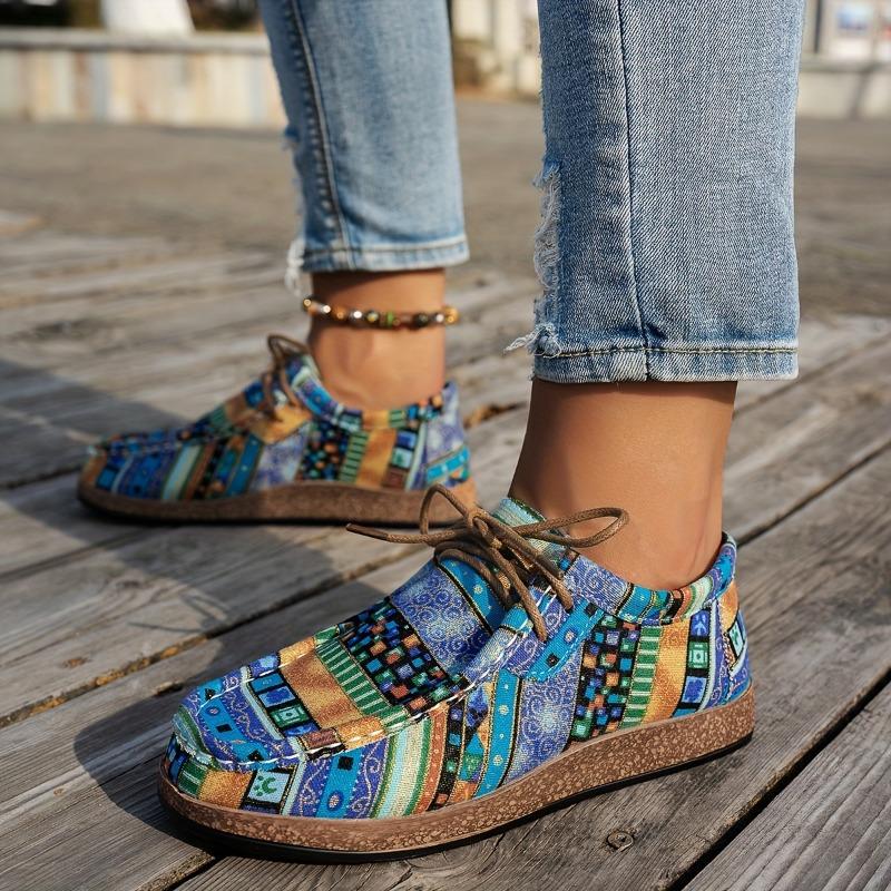 Large Size Ethnic Style Casual Single Shoes Women's Colorful Lace Up Graffiti Low Canvas Shoes Wooden Thick Bottom