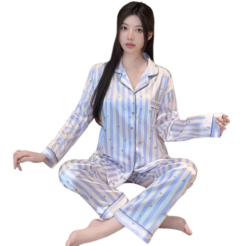 Spring Summer Purple Striped Pajamas Set for Women Sleepwear Long Sleeve Button Top and Long Pants Set Homewear Loungewear
