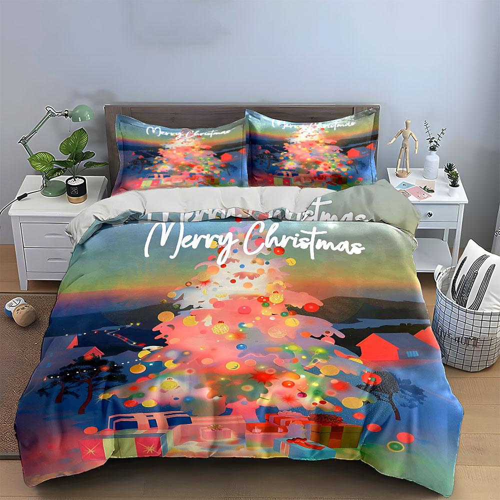 Christmas Santa Snowman Pattern Bedding Duvet Cover Set Duvet Cover Pillowcases  (1*Duvet Cover 2*Pillowcases, Without Duvet Insert)