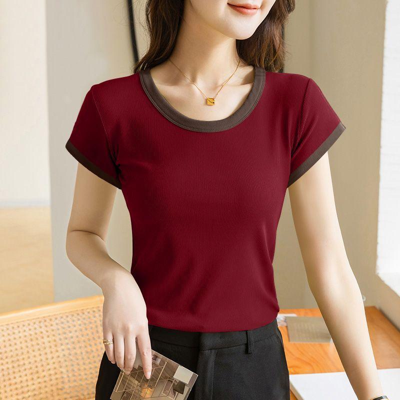 Round Neck T-shirt Short-sleeved Women's New Summer Slim Fit and Slim Shoulder Thread Stretchy Mother Top