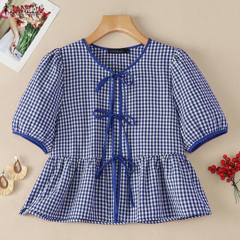ZANZEA Women Plaid Print Casual Round Neck Short Sleeve Blouse