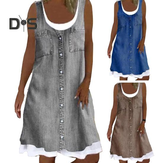 Dámské falešné dvoudílné šaty bez rukávů léto ležérní denimový potisk s výstřihem na tílko Šaty s volným střihem minišaty do A