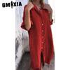 GMXIA Women's Fashion Summer Spring Solid Color Print POLO Neck High Waist Casual Dresses