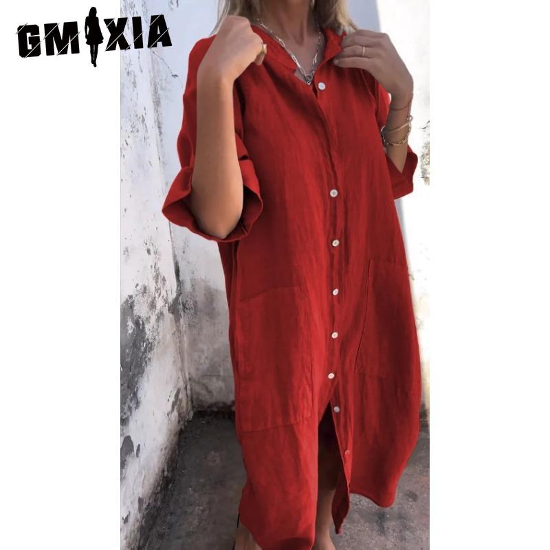 GMXIA Women's Fashion Summer Spring Solid Color Print POLO Neck High Waist Casual Dresses