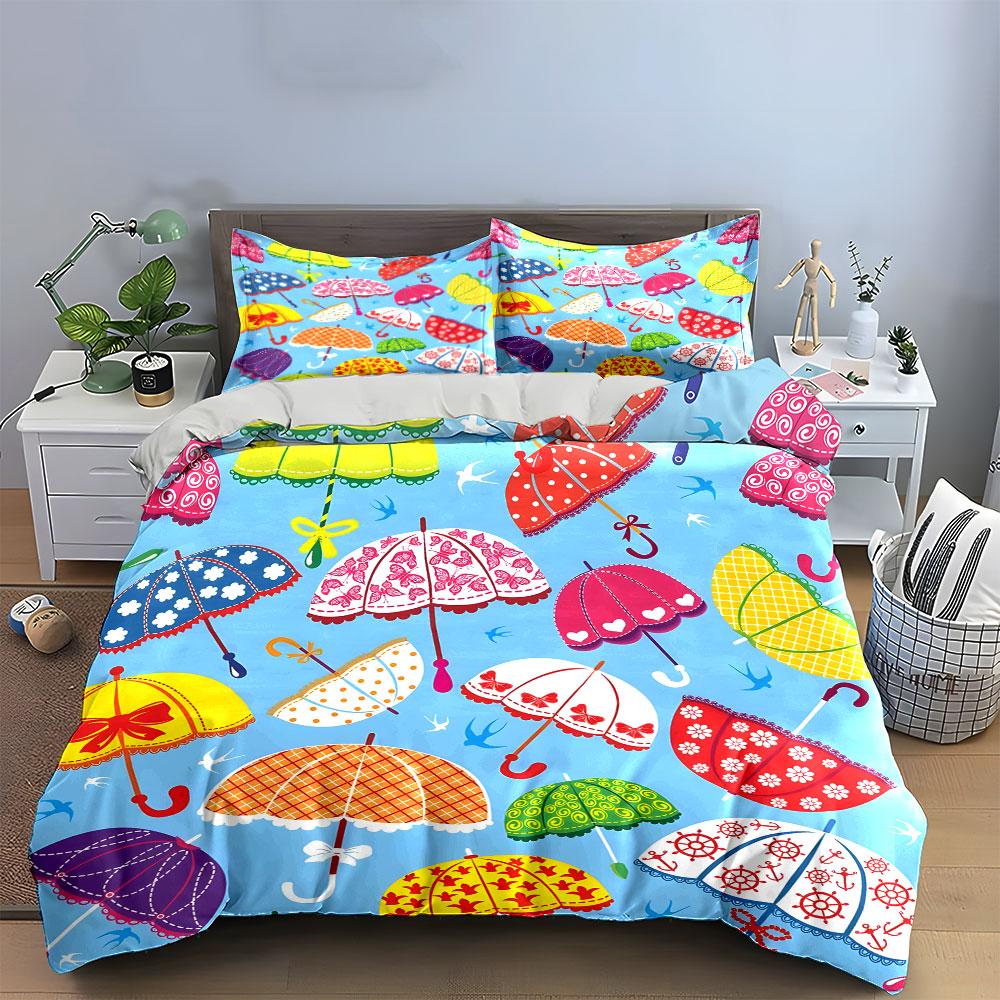 Colorful Umbrella Pattern Design Bedding Duvet Cover Set (1*Duvet Cover 2*Pillowcases, without duvet insert)