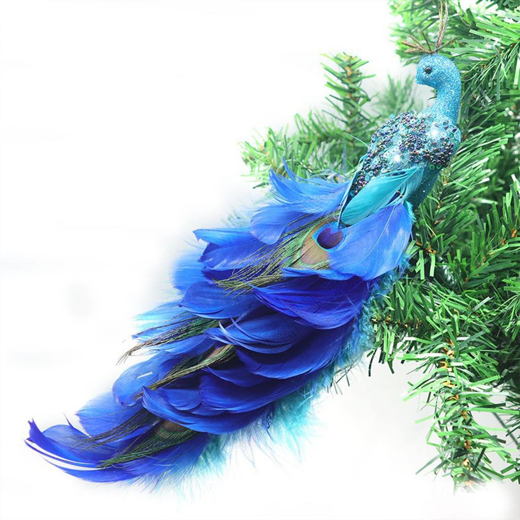 2PCS Simulation Peacock Bird Statue Glitter Clip On Artificial Feathered Peacock with Long Tail for Xmas Tree Holiday