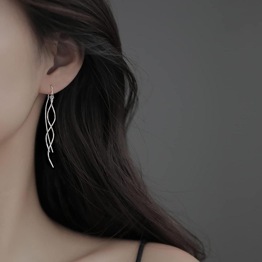 SLUYNZ 925 Sterling Silver Curve Threader Earrings Chain for Women Teens Girls Dangle Wave Earrings Tassel