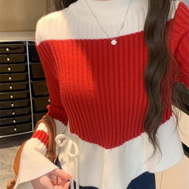 

Half High Neck Women s Sweater Korean Version Color Blocking Trumpet Sleeve Knitted Sweaters Autumn Daily Fashion Famale Pullover Top One Size червоний