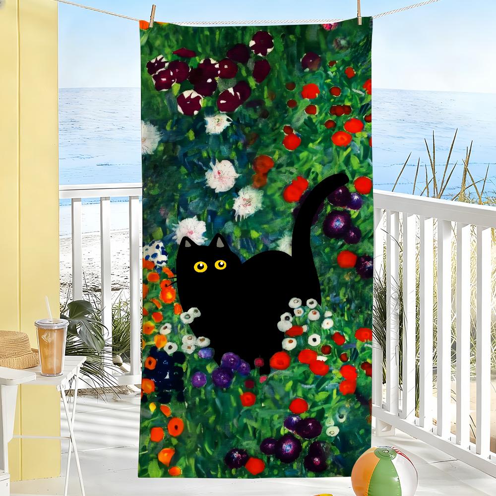 Art Black Cat In Flowers Garden Towel Soft Pool Gift For Travel Gym Shower Camping Quick Dry Sports Large Beach Towels