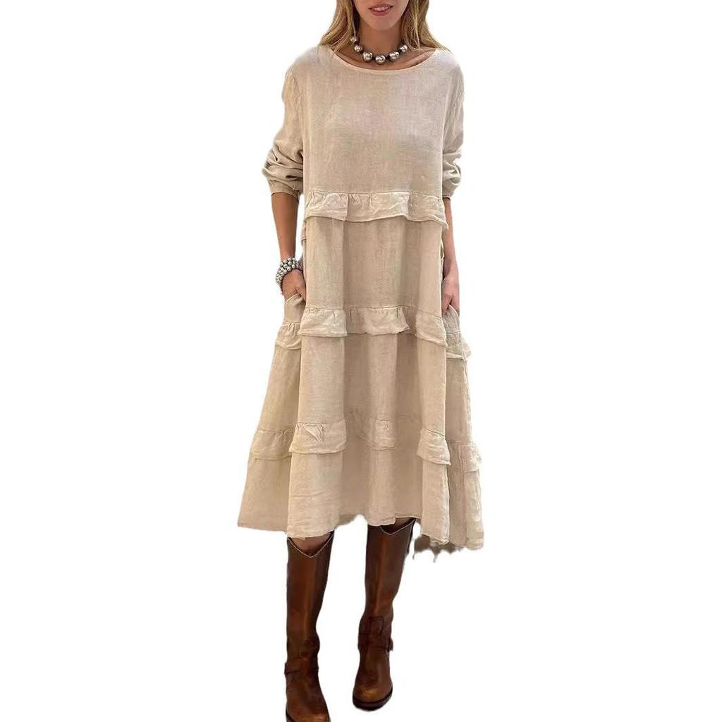 2025 Frühling/Sommer Damen Langarm Patchwork Rundhals Rüschenkleid