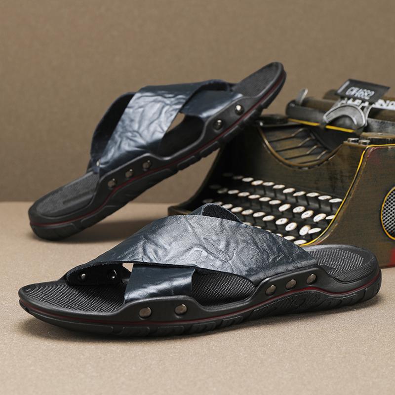 Fashion Men Shoe Men's  Leather Slide Sandals Comfortable Summer Casual Shoes for Men Non-Slip Sole Slippers Lightweight Beach Half Drag