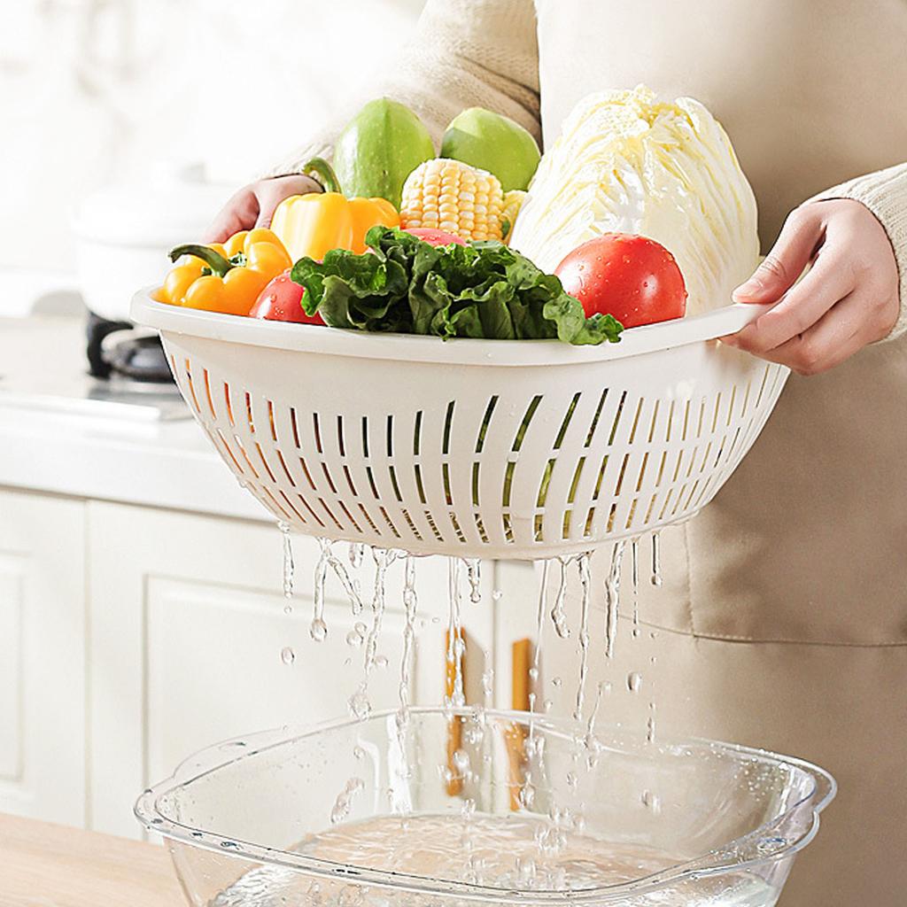 Bol à Laver Multifonction Fruits Et Légumes - Panier Égouttoir Avec Couvercle, Poignées Pliables, Passoire Pratique Pour Cuisine (Blanc)