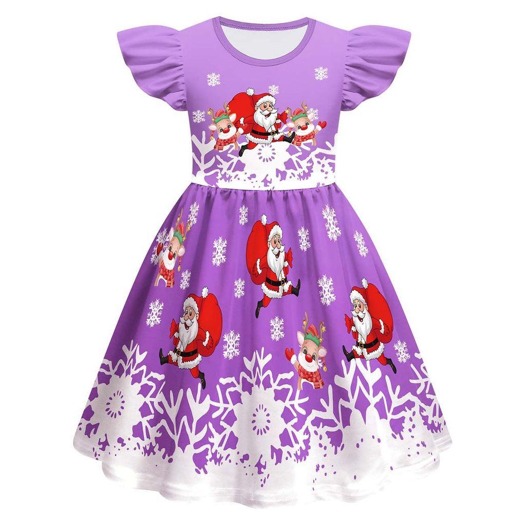 Kids Girls Cartoon Santa Claus Christmas Tree Elk Print Ruffle Sleevess New Year Dress