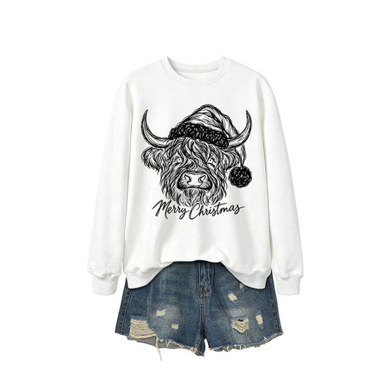 Womens Casual Fashion Christmas Yak Head Print Crewneck Sweatshirt Regular Fit Daily Wear