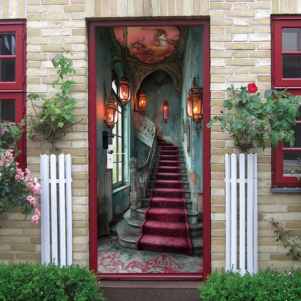 

1 piece of retro European style palace staircase door stickers, three-dimensional wall stickers, living room entrance decoration (as the picture,77x200cm)