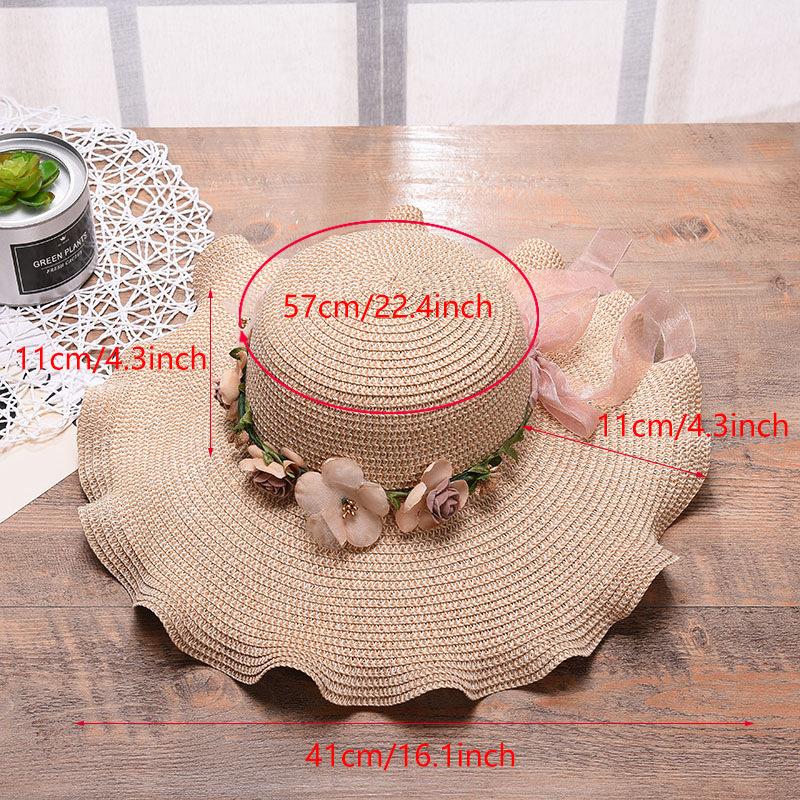 New Women's Hat with Large Waves and Flowers Beach Outdoor Sun Protection Straw Hat