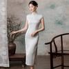 Elegant Blue Gray Sleeveless Qipao Dress With Embroidery Roll Edge Vintage Style Women 2026
