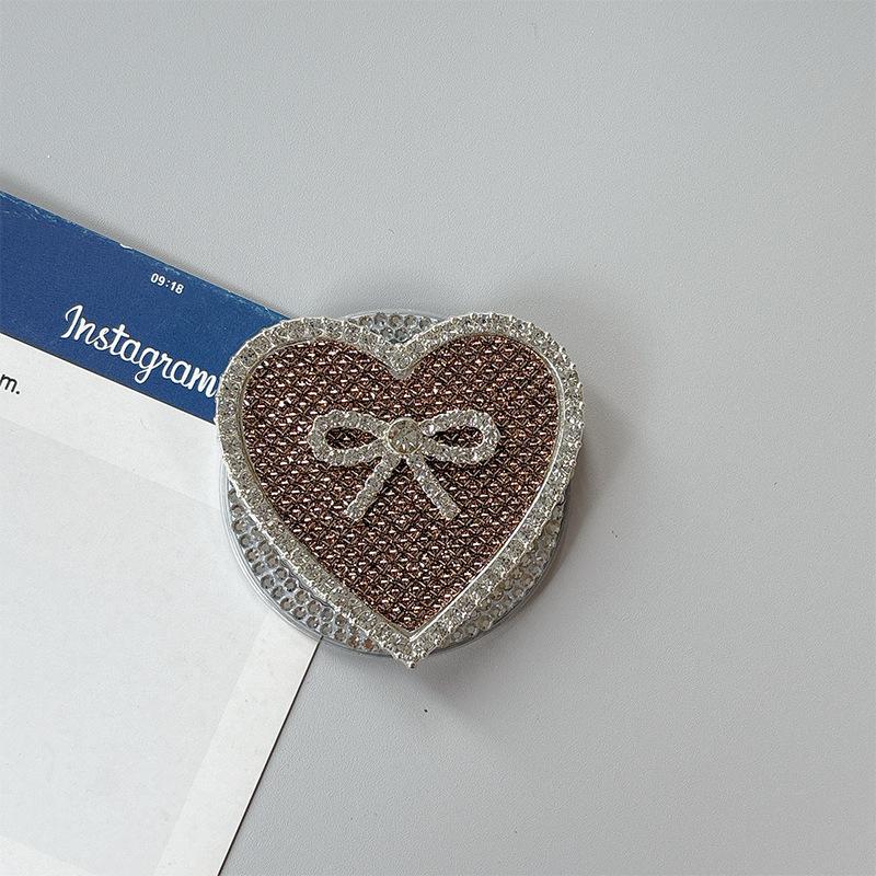 Rhinestone Leather Pattern Love Bow Mobile Phone Airbag Holder Magnetic Paste Retractable Women'S Premium Sense Ring