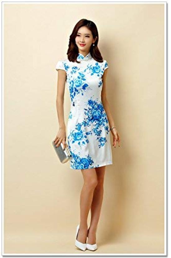 Mini-length Chinese dress with short sleeves (M)