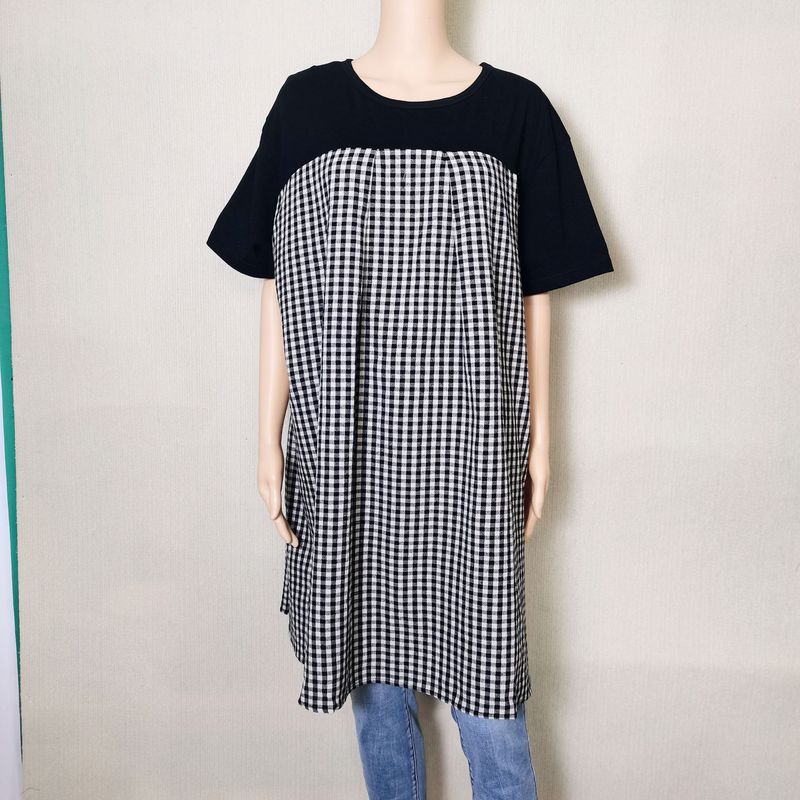 

Export Original Order Leftover Stock Rayon Printed Stitching Short Sleeves Dress Loose Plus Size Mid Length Long Length Tops Summer 100.00kg Black and white plaid 4L
