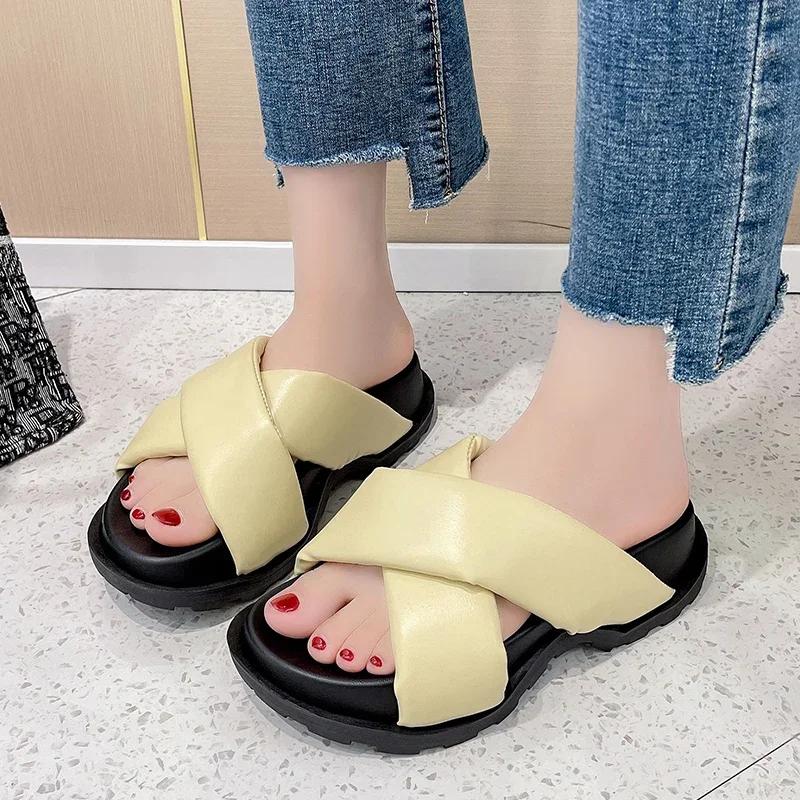 

Fashion Korean Style Cross Stap Thick Botom Slippers Ladies Fashion Summer Chunky Platform Sandals Woman Outdoor Non Slip Slides Mujer 35 жёлтый