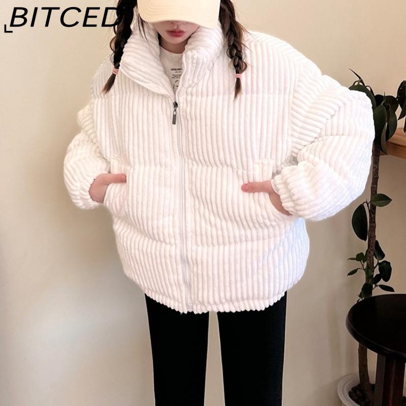 BITCED Winter Women's Stand Collar Short Corduroy Quilted Down Jacket Loose-Fit Lightweight Cotton-Padding Coat
