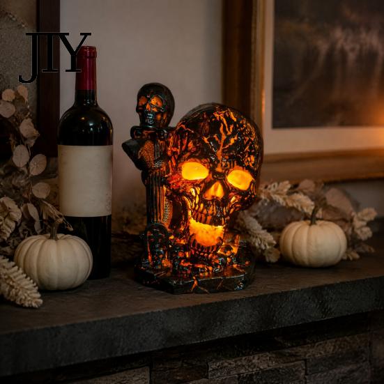 Amber Violet Glow Light Skull Table Lamp, Halloween Glowing Skeleton Resin Figurine, Gothic Ambient Unique Gift Night for Mantel Shelf Party