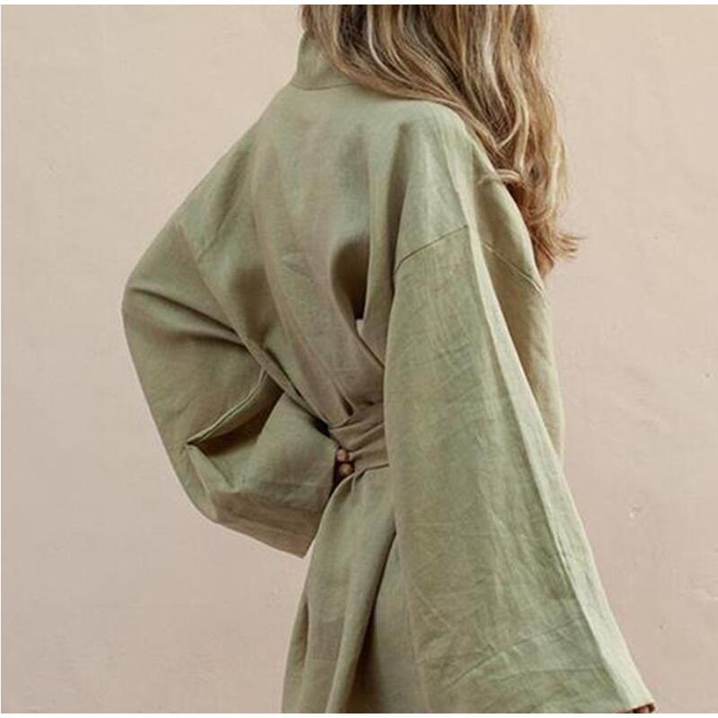 Women's Lace Up Mini Dress Spring Long Sleeve V-neck Cotton Linen Sashes Dresses Casual Loose Kimono Cardigan Dress