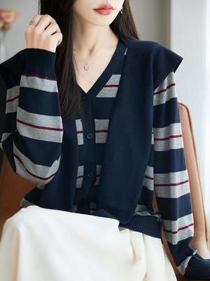 Women's French Striped Two-Piece Cardigan & Shawl Sweater Jacket