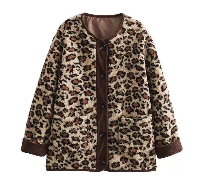

European American Women s Casual Leopard Print Lambswool Coat S цветной печати леопарда