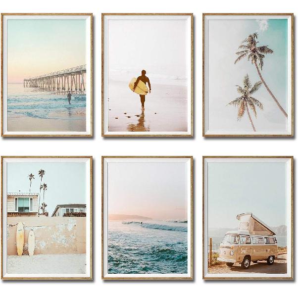 iMagitek Set of 6 Unframed California Coastal Surf Wall Art Prints, Beach Sunset Wall Poster, Surfboard Wall Art (8" X 10")