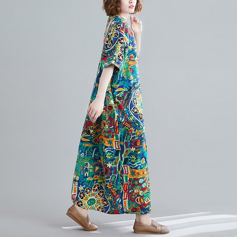Real Shot Summer New Literary Large Size Loose Cotton and Linen Printing V-neck Short-sleeved Dress Women's Clothing