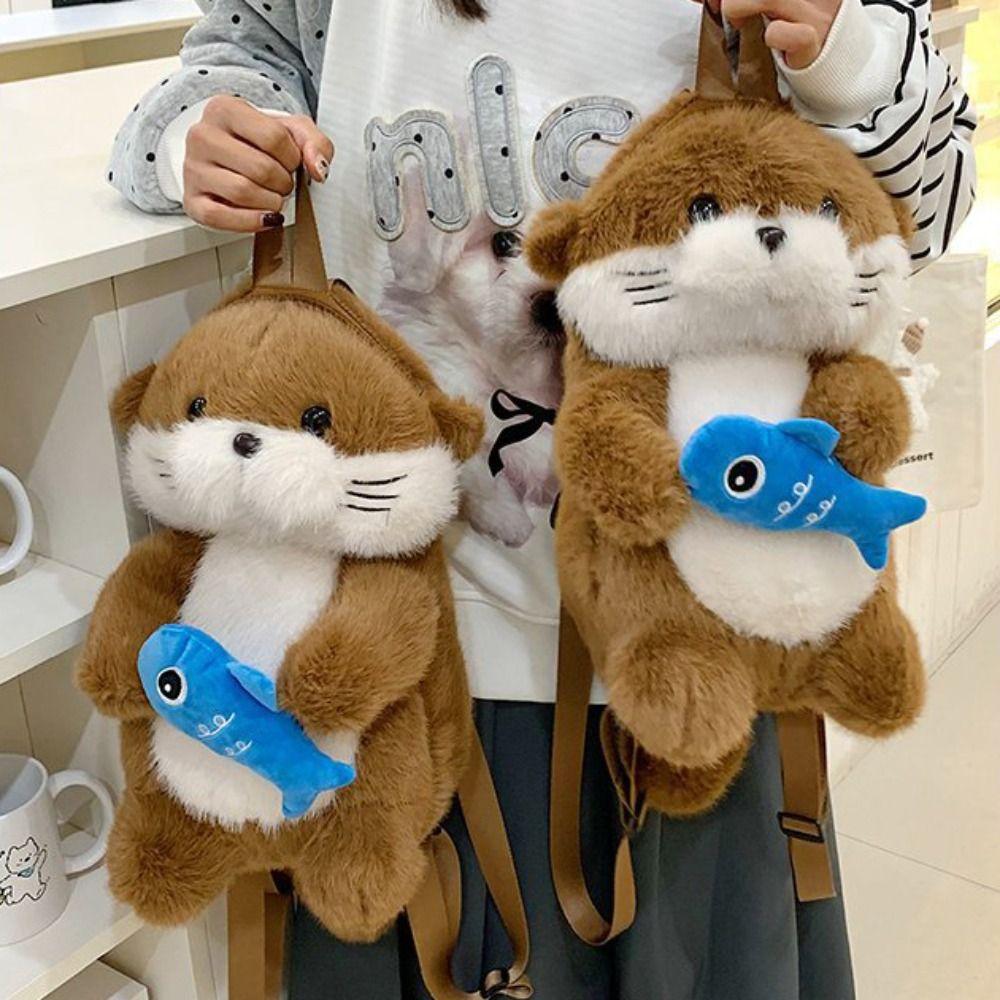 Adorable Otter Backpack Realistic Look Fluffy Simulation Animal Shoulder Bag Holding Fish Soft Student School Bag Casual Use