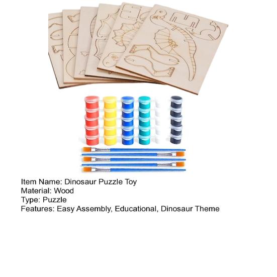 1 Set Wooden Dinosaur Puzzle Toy Kit with 5 Coloring Pens 30 Pigments 6 Wood Dino Jigsaws Assembly Game Educational Toy Boys Girls Gift