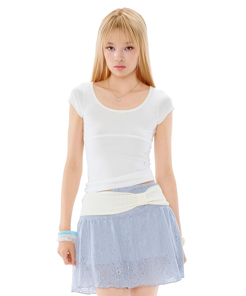 Poeoling Ribbon Banding Midi Skirt (Sky Blue)