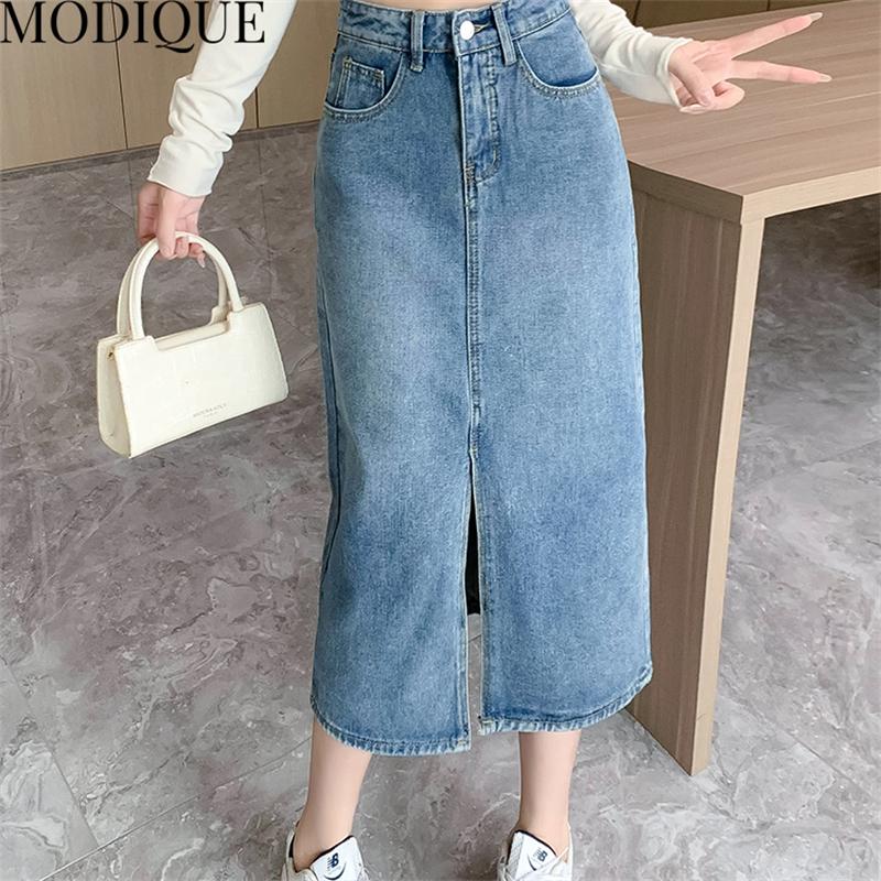 MODIQUE Podzim Nové Ženy Ležérní Vintage Džínovina Dlouhá sukně s vysokým pasem Džínovina Dámská Volná Jednobarevná Sladká Zoufalá Modrá Sukně Zima
