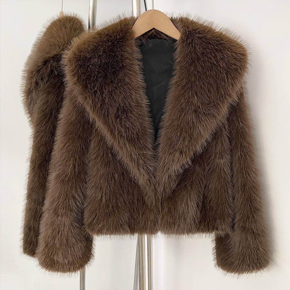 European and American short imitation fox fur coat for women, big lapel loose thickened artificial fur coat