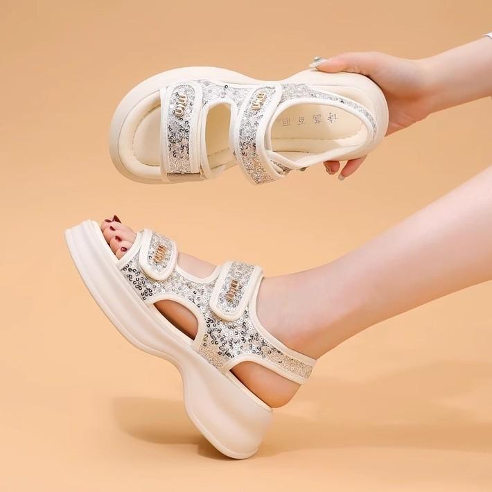 2025 Summer Sports Sandals Women's New Heightening Small Fragrant Wind Velcro Sweet Sequins Casual Platform Beach Shoes