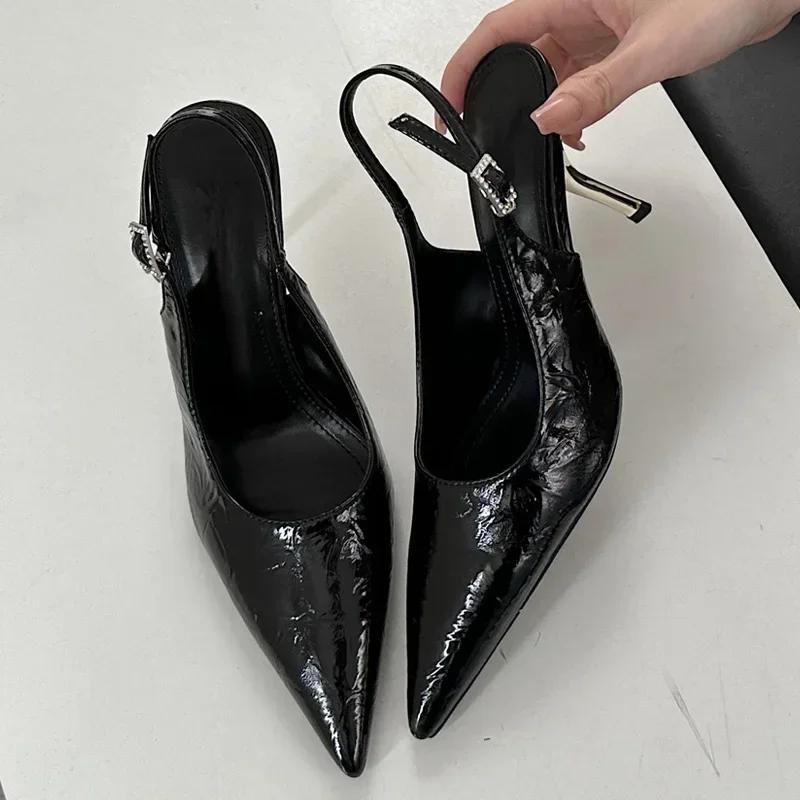 Fashion Designer High Quality Women Pumps 2025 Sexy Pointed Toe Belt Buckle Thin Low Heels Elegant Slingbacks Prom Shoe Zapatos De Mujer