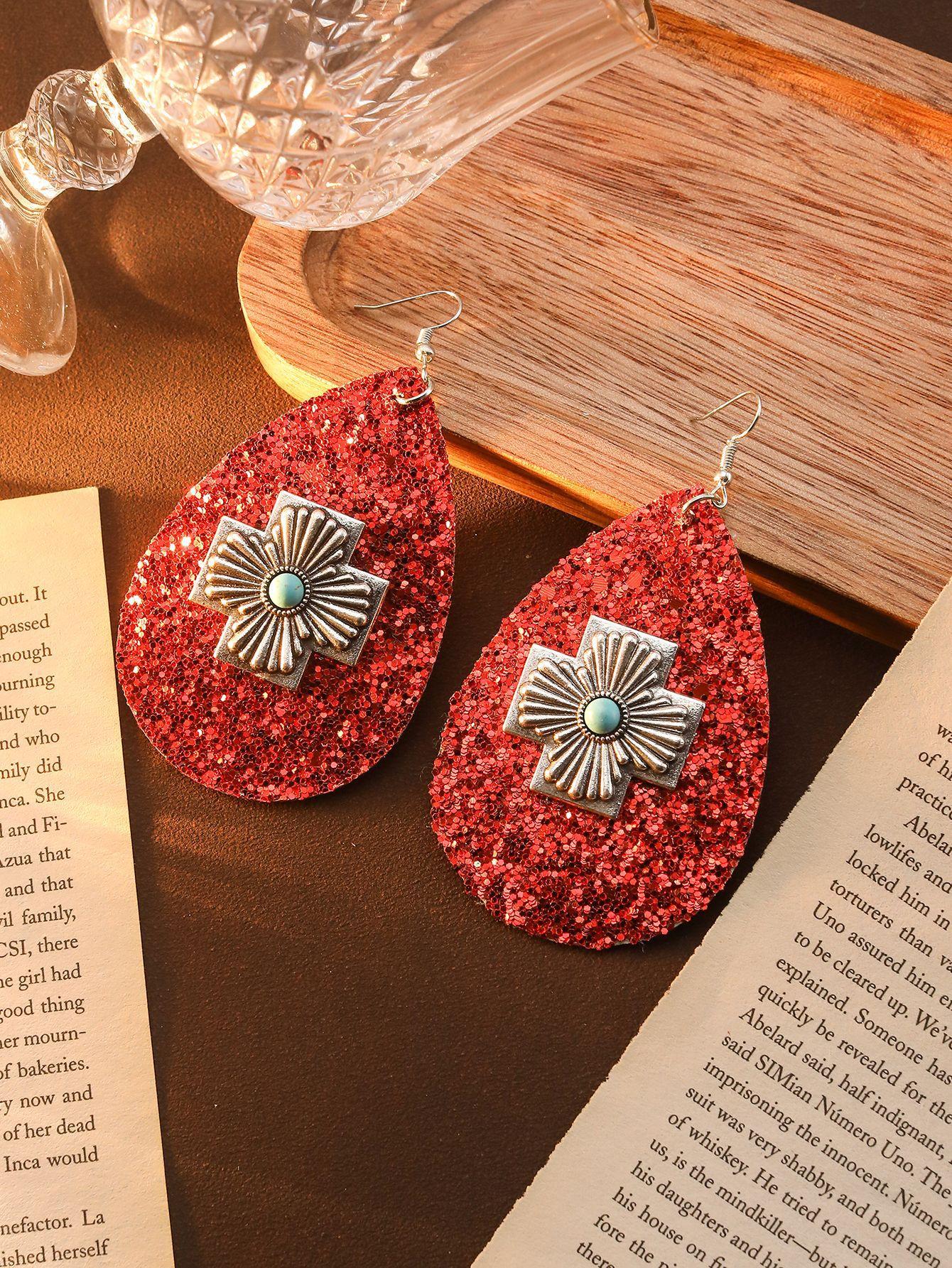 Exaggerated Cross Earrings, Leather Sequined Metal Dots, Half-Sided Turquoise Earrings, Personalized Temperament, Premium Earrings.