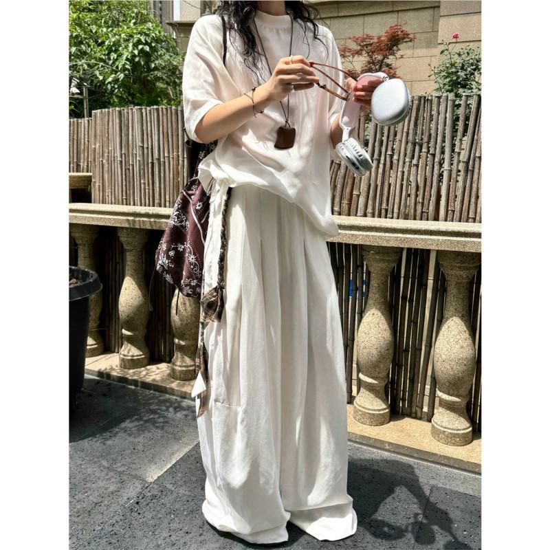 Johnature Módní plisované kalhoty se širokými nohavicemi na léto, splývavé, pohodlné, volné, ležérní kalhoty pro ženy