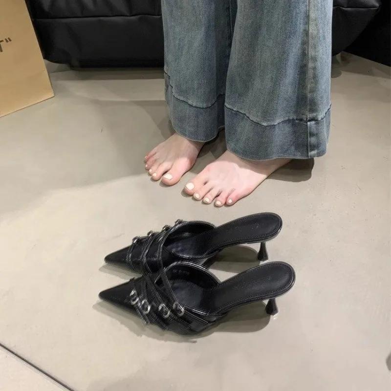 

Модные Сексуальные Шлепанцы на Высоком Каблуке с Острым Носком Летняя Новая Мода Женские Слайды Дизайнерские Сандалии Элегантные Женские Туфли Мюли Большой Размер 43 43 чёрный