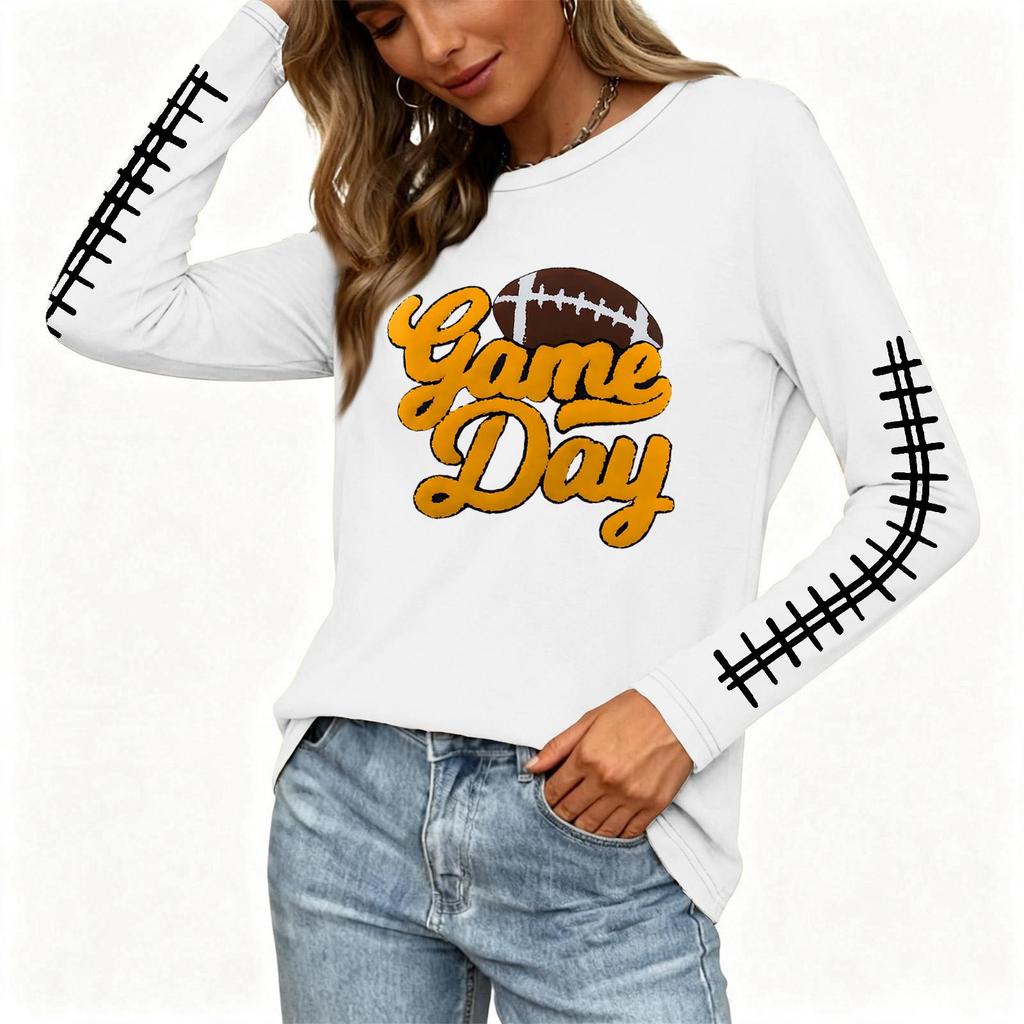 Women's Stylish Long Sleeve Rugby-Inspired Printed Top, Neck with Side Slit for Casual Wear