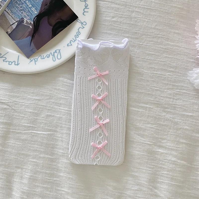 

Носки для девочек, летние тонкие длинные носки-трубы, маленькие дырочки, маленькие бантики, кружевные носки, милые корейские носки в стиле Лолиты для малышей и мужчин, кружевные носки one size