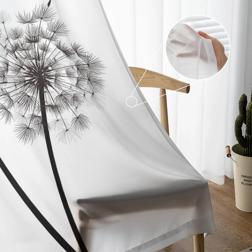 Black And White Dandelion Plant Tulle Sheer Curtains for Living Room Decoration Window Curtain for Bedroom Voile Organza Drapes
