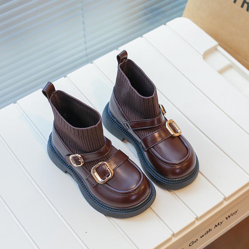 

Autumn Winter Kids Short Boots Girls Casual Socks Boots Princess Children s Trend Leather Shoes Black Versatile 23 коричневый