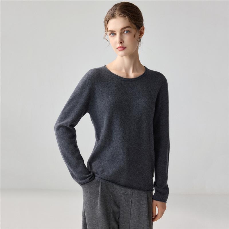 Pull en cachemire 100 % pur pour femme, coupe ample, ourlet roulé, col rond, manches longues, tricot pour l'automne et l'hiver
